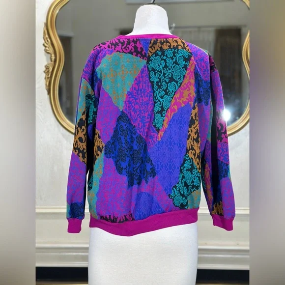 Vintage Village Fair Sweater Colorful 80s 90sKnit Abstract Bold Graphic Pullover - Picture 3 of 8